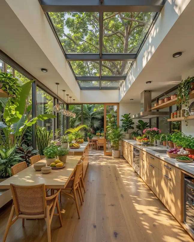 Modern kitchen interior with strong natural light and clean ventilation-focused design