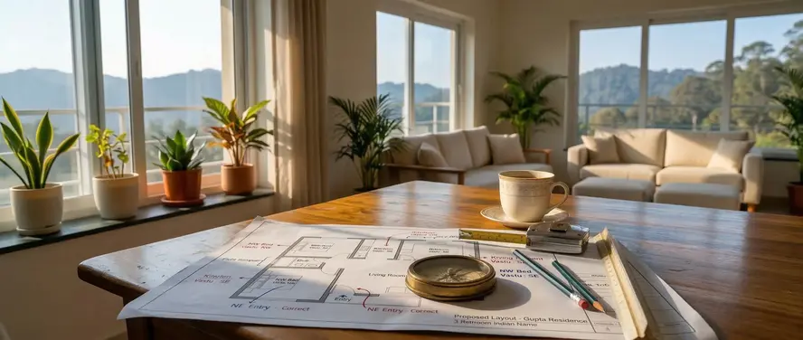 Vastu-annotated floor plan for a 3-bedroom Indian home on a wooden table, with a brass compass, pencils, ruler, and a coffee cup