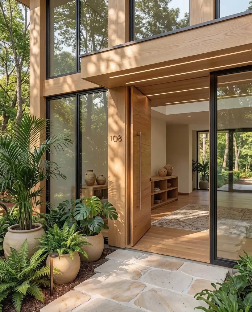 Modern home entrance with wooden pivot door, stone pathway, and tropical plants — illustrating a welcoming and well designed approach